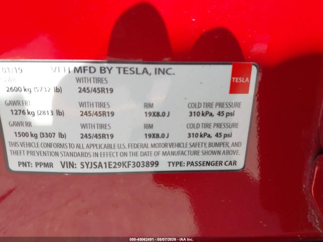 Tesla Model S 100d/75d/long Range/standard Range 2019 5YJSA1E29KF303899 Image 9
