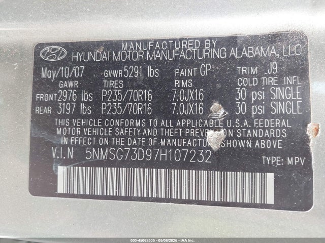 2007 Hyundai Santa Fe Gls მანქანა იყიდება აუქციონზე, vin: 5NMSG73D97H107232, აუქციონის ნომერი: 45062505