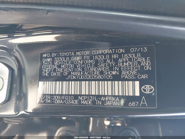 JTDKTUD32ED580105 Toyota Yaris Le (tmc/cbu Plant)