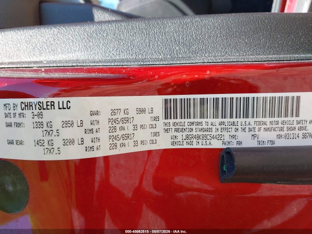45062515 :رقم المزاد ، 1J8GR48K89C544221 vin ، 2009 Jeep Grand Cherokee Laredo مزاد بيع