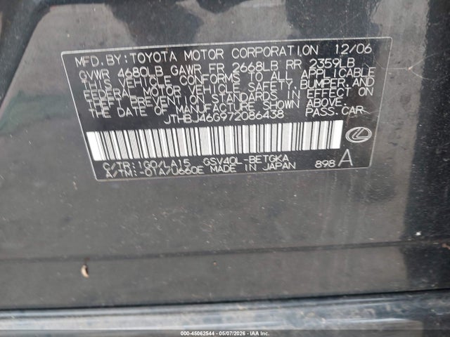 2007 Lexus Es 350 მანქანა იყიდება აუქციონზე, vin: JTHBJ46G972086438, აუქციონის ნომერი: 45062544