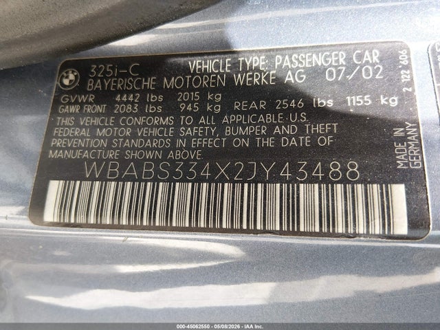 45062550 :رقم المزاد ، WBABS334X2JY43488 vin ، 2002 Bmw 325ci مزاد بيع