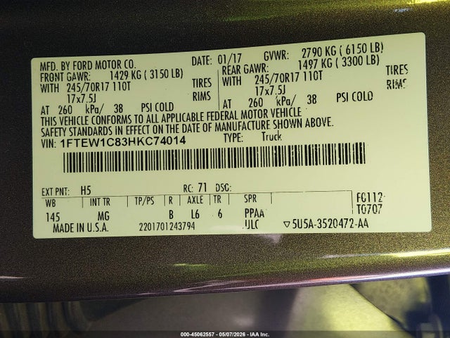 Продажа на аукционе авто 2017 Ford F-150 Xlt, vin: 1FTEW1C83HKC74014, номер лота: 45062557