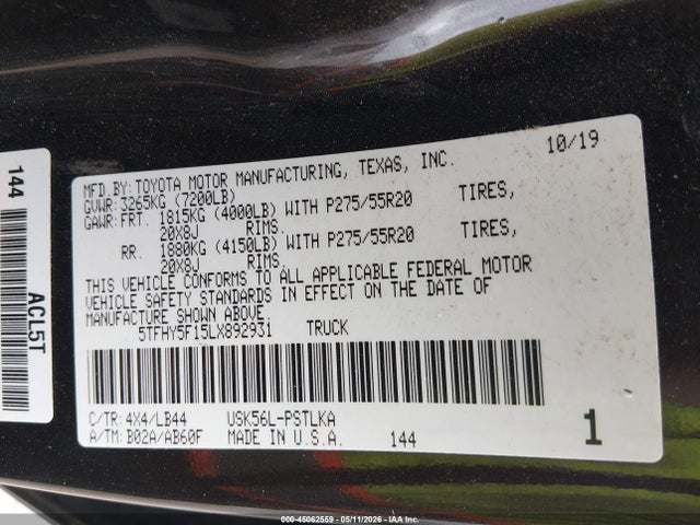 45062559 :رقم المزاد ، 5TFHY5F15LX892931 vin ، 2020 Toyota Tundra Limited مزاد بيع