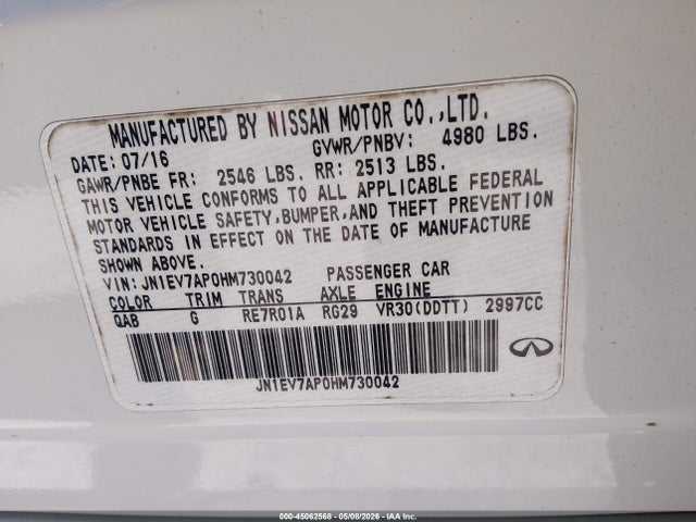 Продаж на аукціоні авто 2017 Infiniti Q50 3.0t Premium, vin: JN1EV7AP0HM730042, номер лоту: 45062568