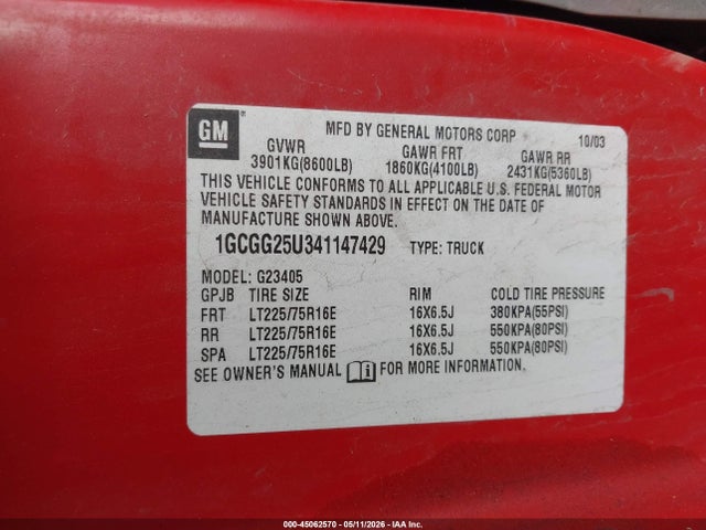 45062570 :رقم المزاد ، 1GCGG25U341147429 vin ، 2004 Chevrolet Express مزاد بيع