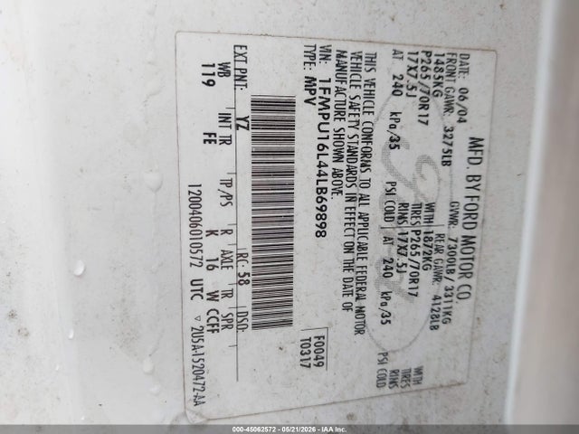 45062572 :رقم المزاد ، 1FMPU16L44LB69898 vin ، 2004 Ford Expedition Nbx/xlt مزاد بيع