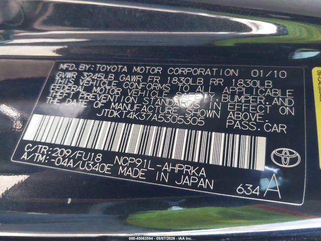 45062594 :رقم المزاد ، JTDKT4K37A5305305 vin ، 2010 Toyota Yaris مزاد بيع