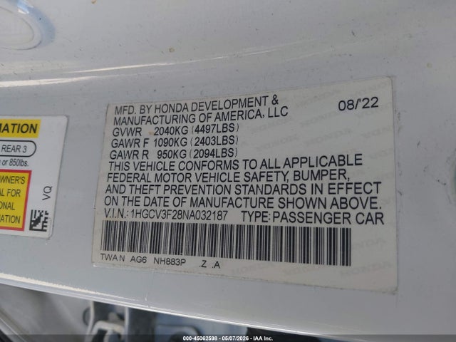 1HGCV3F28NA032187 Honda Accord Hybrid Sport