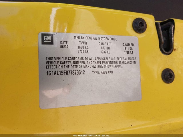 2007 Chevrolet Cobalt Lt მანქანა იყიდება აუქციონზე, vin: 1G1AL15F077379512, აუქციონის ნომერი: 45062601