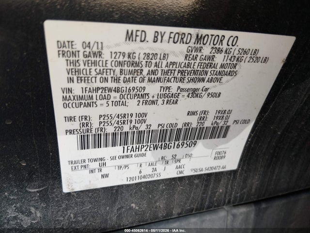 Продажа на аукционе авто 2011 Ford Taurus Sel, vin: 1FAHP2EW4BG169509, номер лота: 45062614