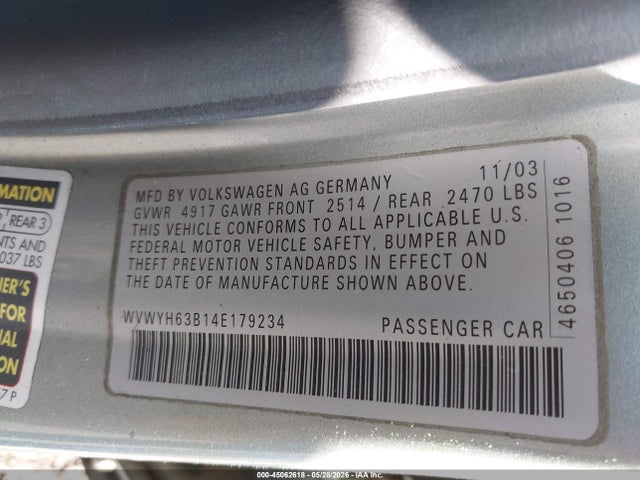 Продаж на аукціоні авто 2004 Volkswagen Passat Glx, vin: WVWYH63B14E179234, номер лоту: 45062618
