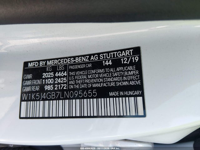 Aukcja sprzedaży 2020 Mercedes-benz Cla 250, vin: W1K5J4GB7LN095655, numer aukcji: 45062629