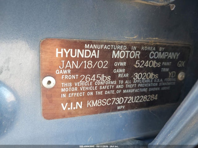 2002 Hyundai Santa Fe Gls/lx მანქანა იყიდება აუქციონზე, vin: KM8SC73D72U228284, აუქციონის ნომერი: 45062640