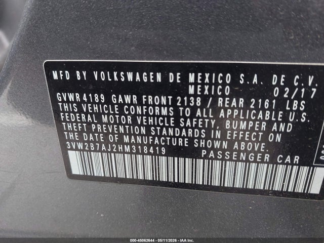 45062644 :رقم المزاد ، 3VW2B7AJ2HM318419 vin ، 2017 Volkswagen Jetta 1.4t S مزاد بيع