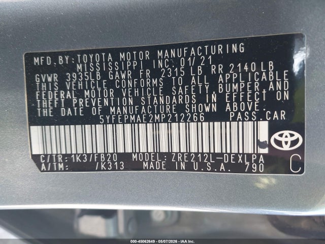 45062649 :رقم المزاد ، 5YFEPMAE2MP212266 vin ، 2021 Toyota Corolla Le مزاد بيع