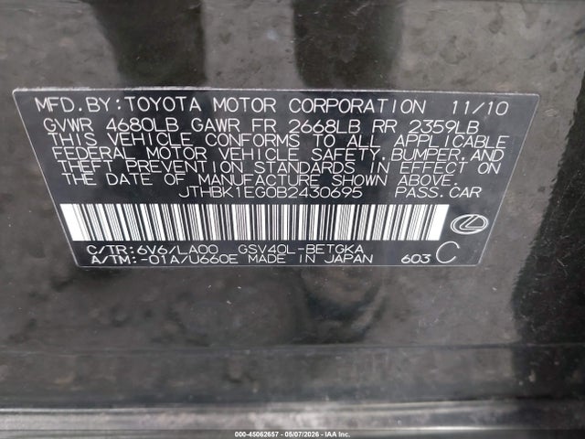 Auction sale of the 2011 Lexus Es 350, vin: JTHBK1EG0B2430695, lot number: 45062657