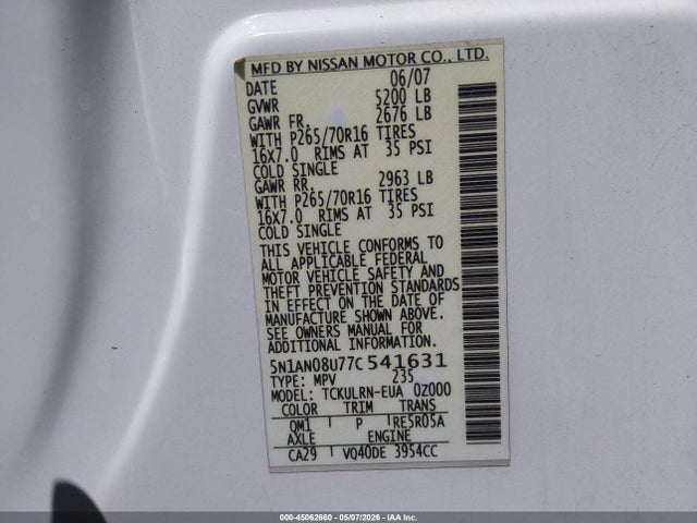 2007 Nissan Xterra S მანქანა იყიდება აუქციონზე, vin: 5N1AN08U77C541631, აუქციონის ნომერი: 45062660