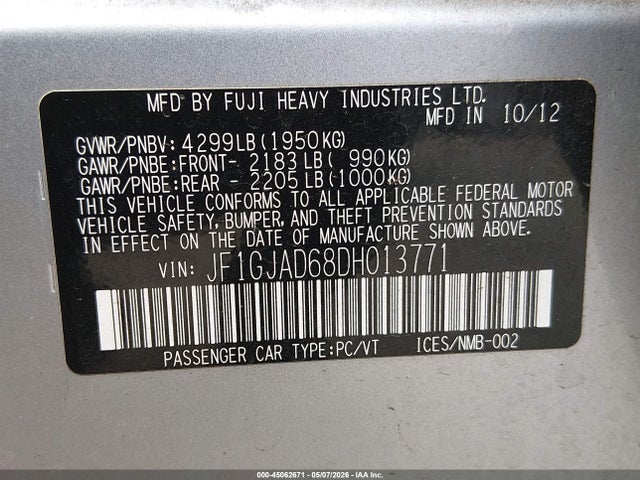Aukcja sprzedaży 2013 Subaru Impreza 2.0i Premium, vin: JF1GJAD68DH013771, numer aukcji: 45062671