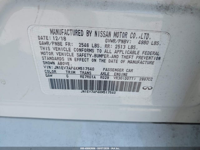 Aukcja sprzedaży 2019 Infiniti Q50 3.0t Luxe, vin: JN1EV7AP4KM517540, numer aukcji: 45062686
