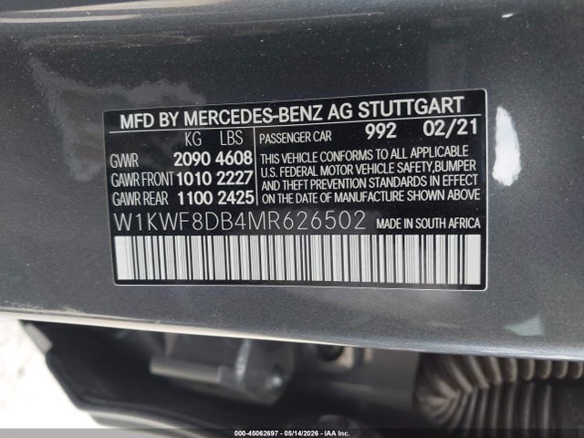 Aukcja sprzedaży 2021 Mercedes-benz C 300 Sedan, vin: W1KWF8DB4MR626502, numer aukcji: 45062697