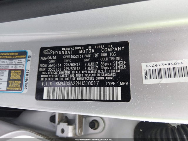 Aukcja sprzedaży 2017 Hyundai Tucson Eco, vin: KM8J33A22HU310017, numer aukcji: 45062700