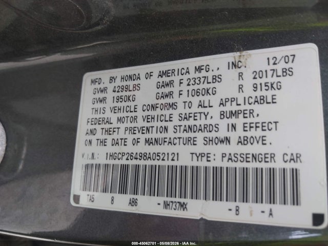 2008 Honda Accord 2.4 Lx-p მანქანა იყიდება აუქციონზე, vin: 1HGCP26498A052121, აუქციონის ნომერი: 45062701