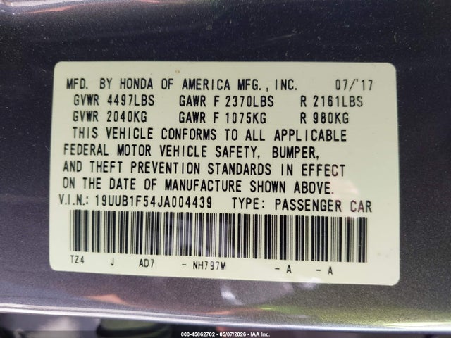 2018 Acura Tlx Tech Pkg მანქანა იყიდება აუქციონზე, vin: 19UUB1F54JA004439, აუქციონის ნომერი: 45062702