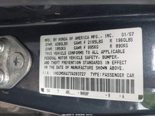 Продаж на аукціоні авто 2007 Honda Accord 2.4 Lx, vin: 1HGCM56477A093727, номер лоту: 45062718