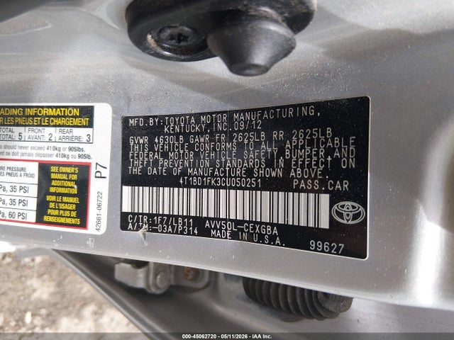 Продаж на аукціоні авто 2012 Toyota Camry Hybrid Xle, vin: 4T1BD1FK3CU050251, номер лоту: 45062720