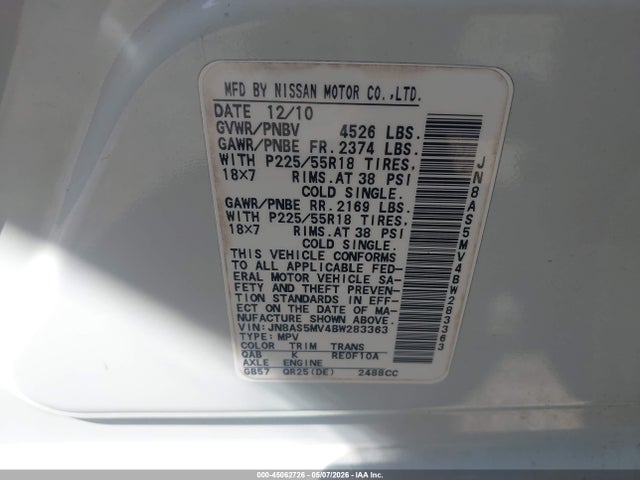 Продажа на аукционе авто 2011 Nissan Rogue Sv, vin: JN8AS5MV4BW283363, номер лота: 45062726