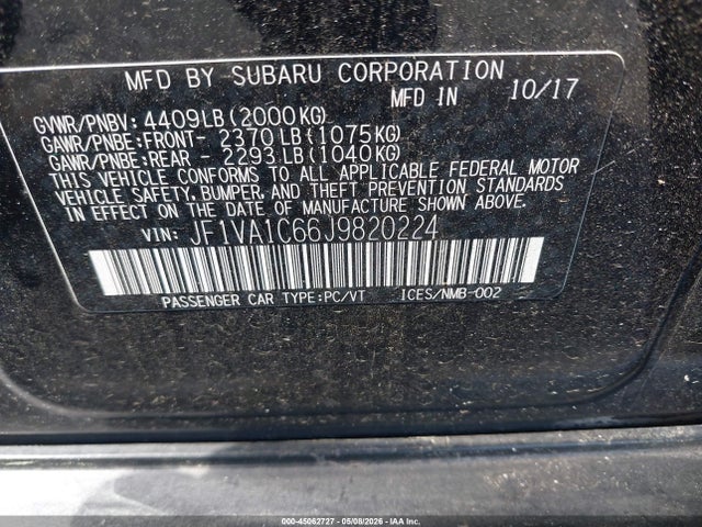 Aukcja sprzedaży 2018 Subaru Wrx Premium, vin: JF1VA1C66J9820224, numer aukcji: 45062727