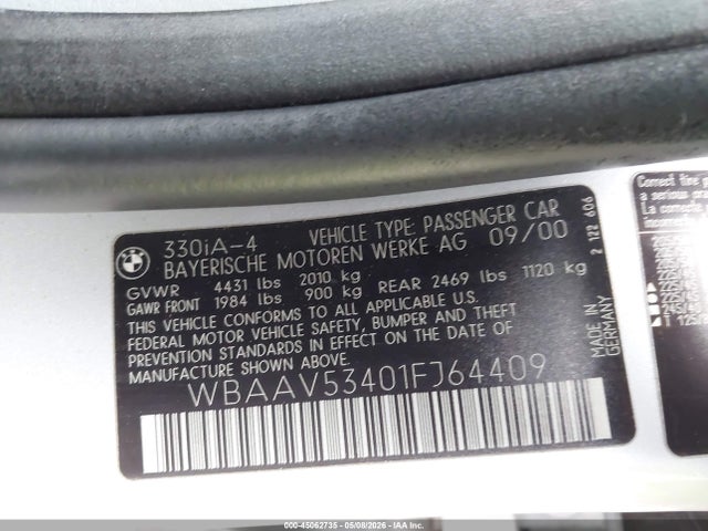 Aukcja sprzedaży 2001 Bmw 330i, vin: WBAAV53401FJ64409, numer aukcji: 45062735