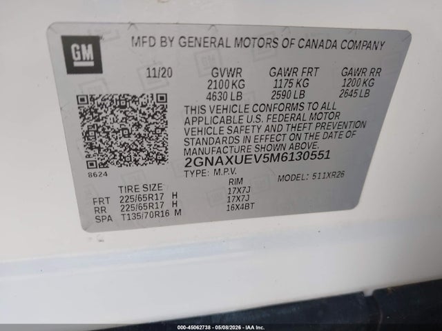 Продажа на аукционе авто 2021 Chevrolet Equinox Awd Lt, vin: 2GNAXUEV5M6130551, номер лота: 45062738