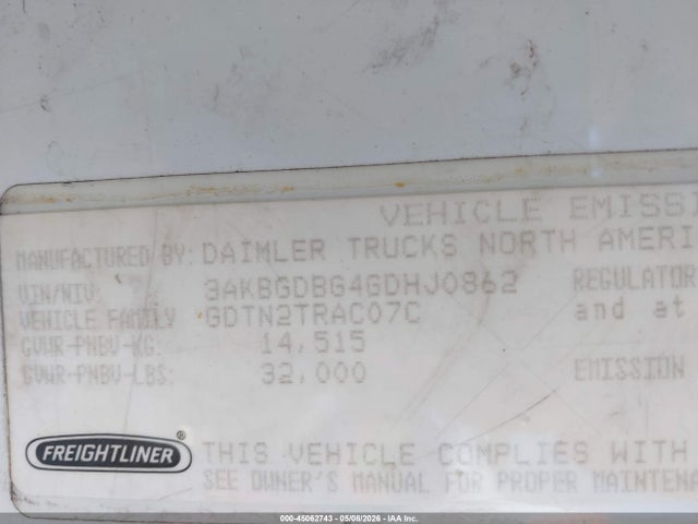 Aukcja sprzedaży 2016 Freightliner Cascadia 125, vin: 3AKBGDBG4GDHJ0862, numer aukcji: 45062743