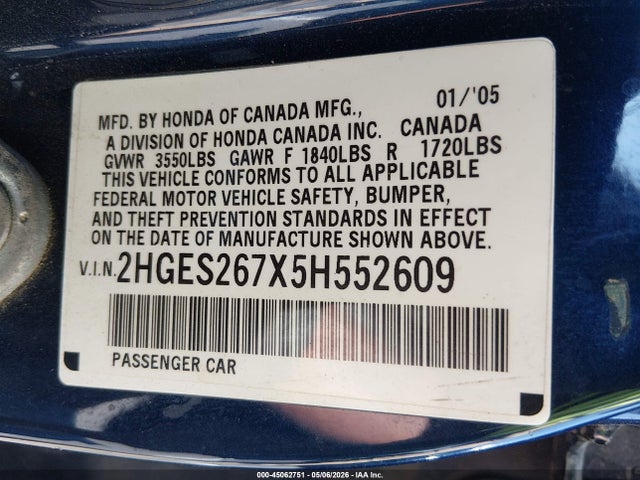 2005 Honda Civic Ex მანქანა იყიდება აუქციონზე, vin: 2HGES267X5H552609, აუქციონის ნომერი: 45062751