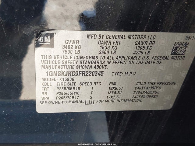Продажа на аукционе авто 2015 Chevrolet Suburban 1500 Lt, vin: 1GNSKJKC9FR220345, номер лота: 45062755
