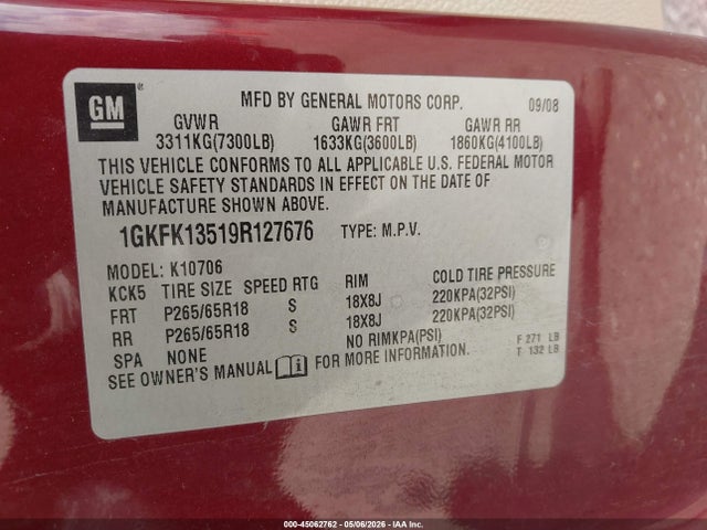 45062762 :رقم المزاد ، 1GKFK13519R127676 vin ، 2009 Gmc Yukon Hybrid مزاد بيع