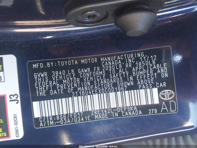 45062763 :رقم المزاد ، 2T1BU4EEXDC001967 vin ، 2013 Toyota Corolla S مزاد بيع