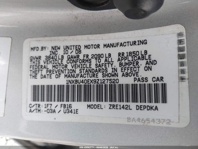 45062771 :رقم المزاد ، 1NXBU40EX9Z127520 vin ، 2009 Toyota Corolla Le مزاد بيع