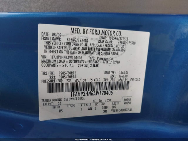 2010 Ford Focus Sel მანქანა იყიდება აუქციონზე, vin: 1FAHP3HN6AW120406, აუქციონის ნომერი: 45062777