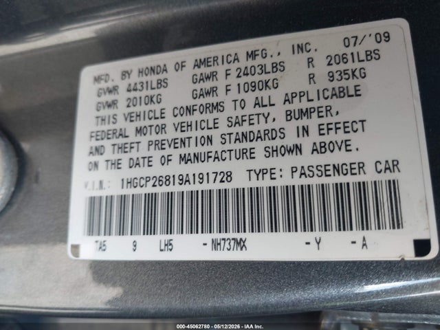 45062780 :رقم المزاد ، 1HGCP26819A191728 vin ، 2009 Honda Accord 2.4 Ex-l مزاد بيع