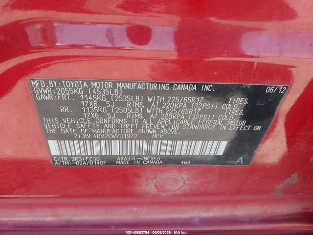 Продаж на аукціоні авто 2012 Toyota Rav4, vin: 2T3BF4DV2CW231972, номер лоту: 45062794