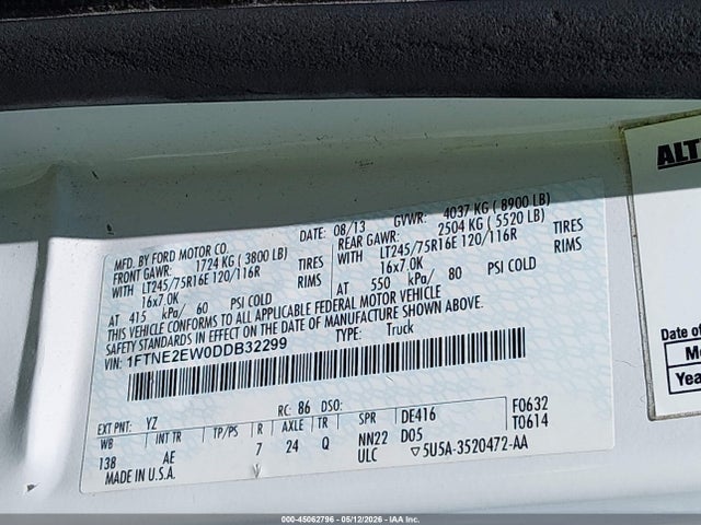 2013 Ford E-250 Commercial მანქანა იყიდება აუქციონზე, vin: 1FTNE2EW0DDB32299, აუქციონის ნომერი: 45062796