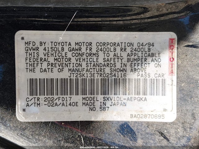 45062806 :رقم المزاد ، JT2SK13E7R0254116 vin ، 1994 Toyota Camry Xle مزاد بيع