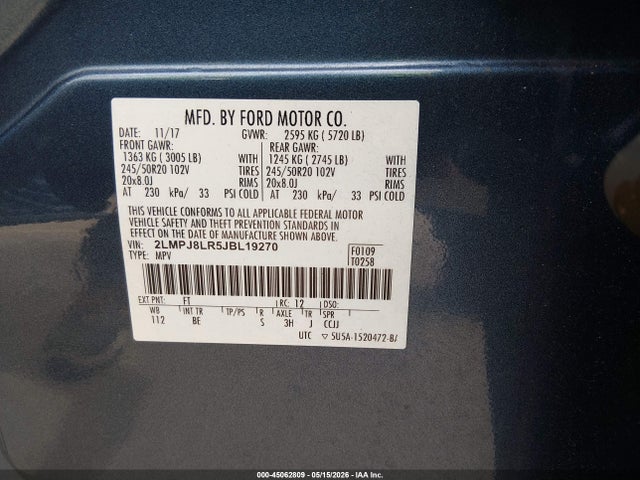 Aukcja sprzedaży 2018 Lincoln Mkx Reserve, vin: 2LMPJ8LR5JBL19270, numer aukcji: 45062809