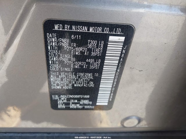 Aukcja sprzedaży 2011 Infiniti Qx56, vin: JN8AZ2ND0B9701898, numer aukcji: 45062810
