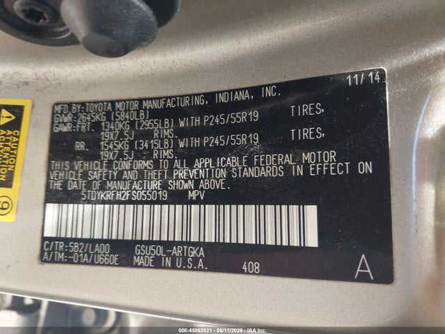 Toyota Highlander Limited V6 2015 5TDYKRFH2FS055019 Image 9
