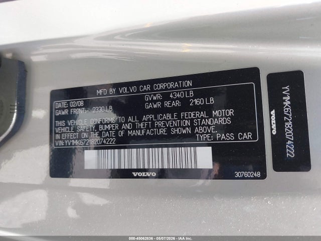 45062836 :رقم المزاد ، YV1MK672182074222 vin ، 2008 Volvo C30 T5 R-design/t5 Version 1.0/t5 Version 2.0 مزاد بيع