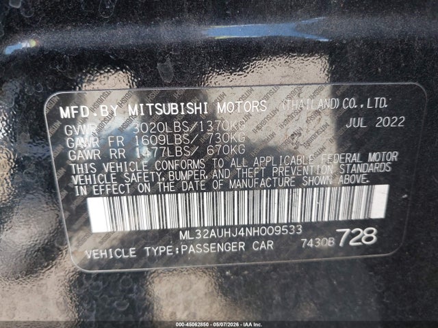 45062850 :رقم المزاد ، ML32AUHJ4NH009533 vin ، 2022 Mitsubishi Mirage Es/le مزاد بيع